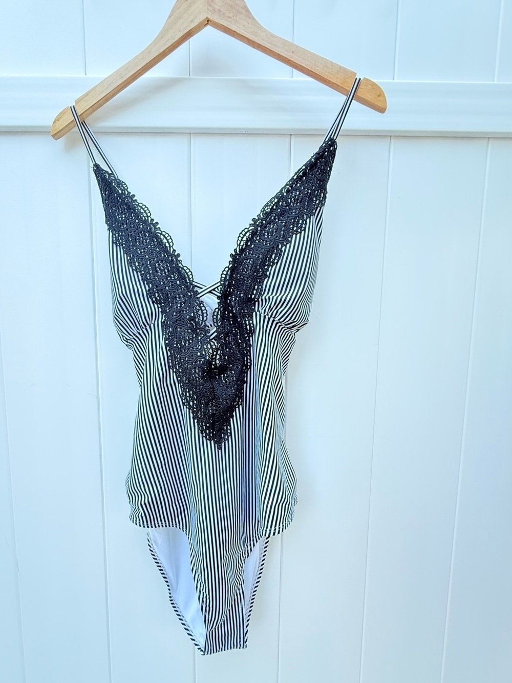 Amazon Black and White Striped One-Piece Swimsuit with Black Lace Trim